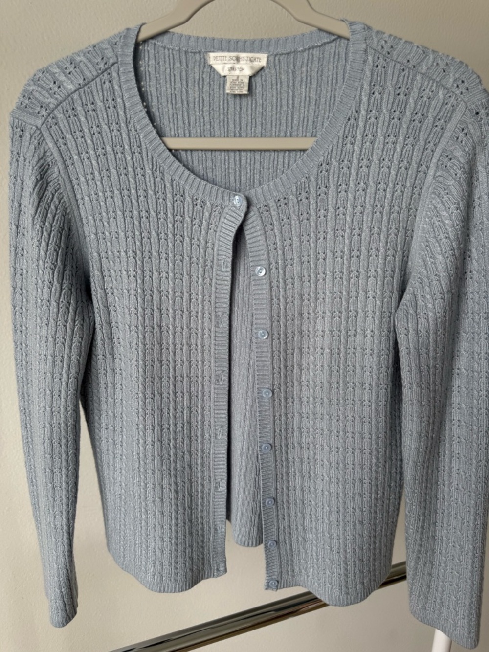 Petite Sophisticate Powder Blue Openwork Button-Front Cardigan